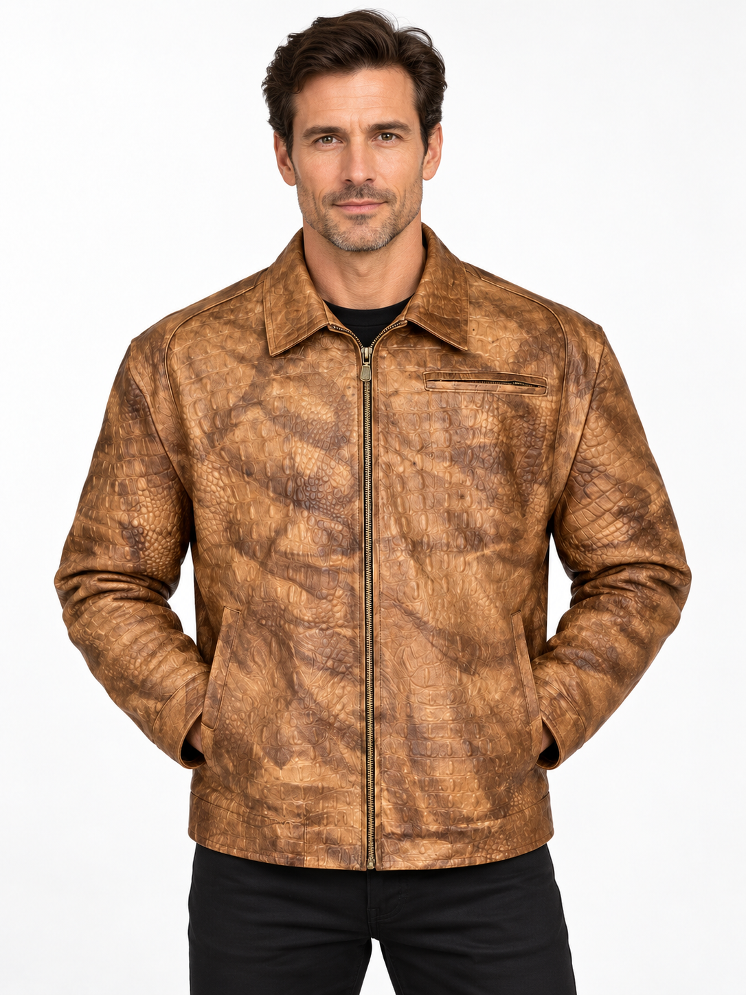 Men’s Leather Rider Jacket – Handcrafted Crocodile-Embossed