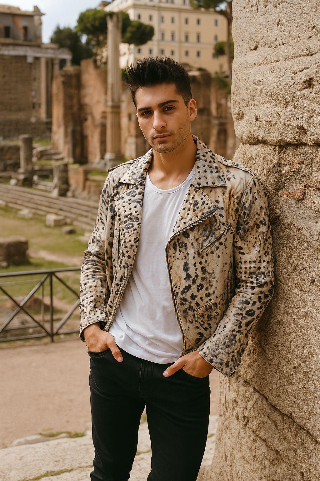 Distinctive Leopard-Pattern Leather Jacket with Stud Accents