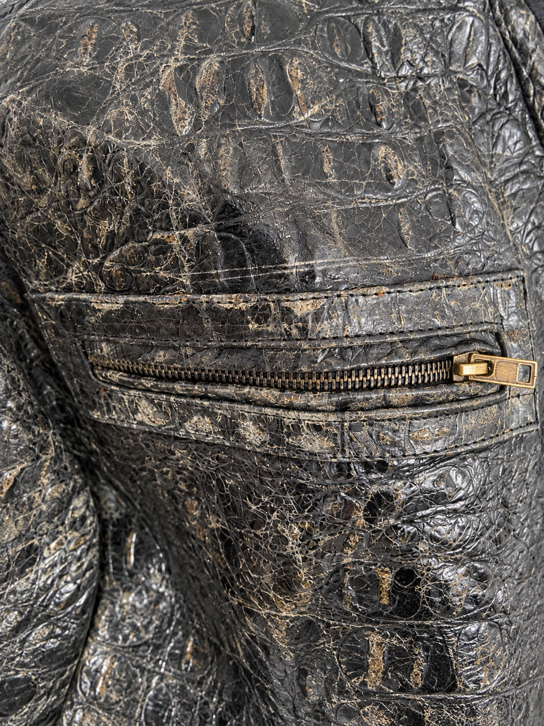 Men's Crocodile Embossed Leather Jacket – Distressed, Vintage Bomber Style