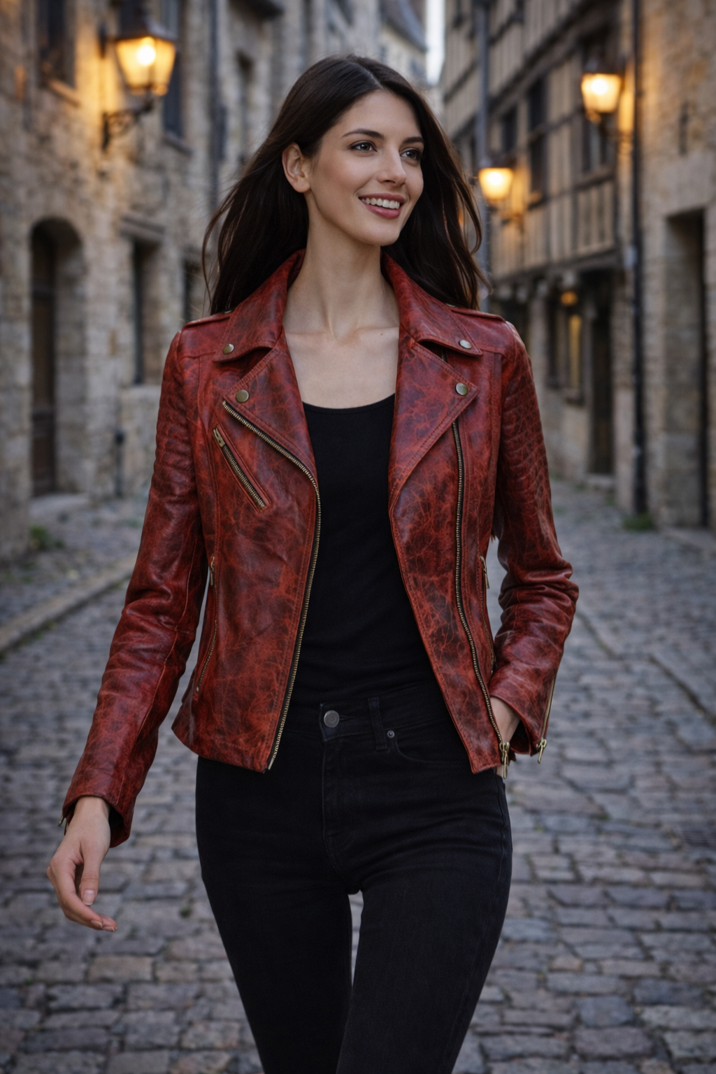 Women's Vintage Flame Leather Moto Jacket – Crimson & Rust Animal Embossed