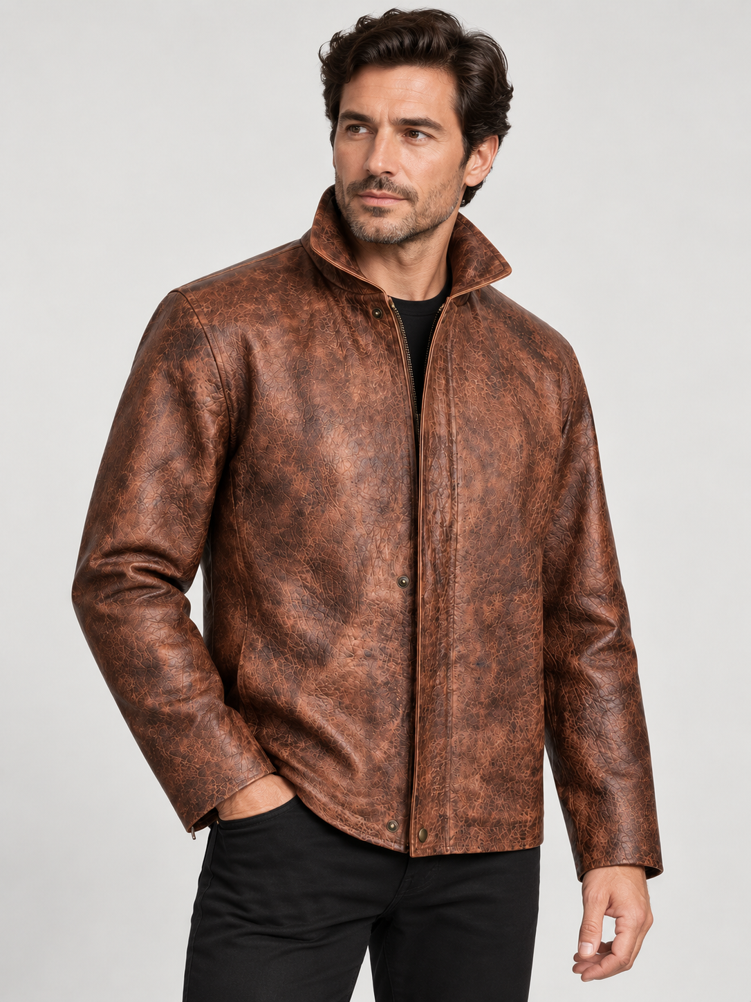 Men's Handcrafted Distressed Brown Leather Jacket — Hand-Finished Color & Texture