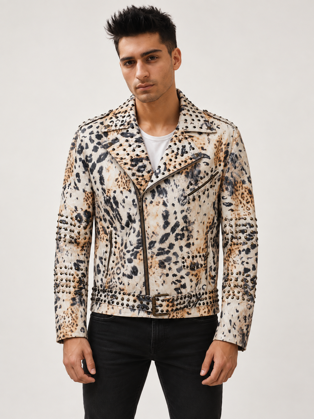 Men's Leopard-Pattern Leather Jacket with Stud Accents