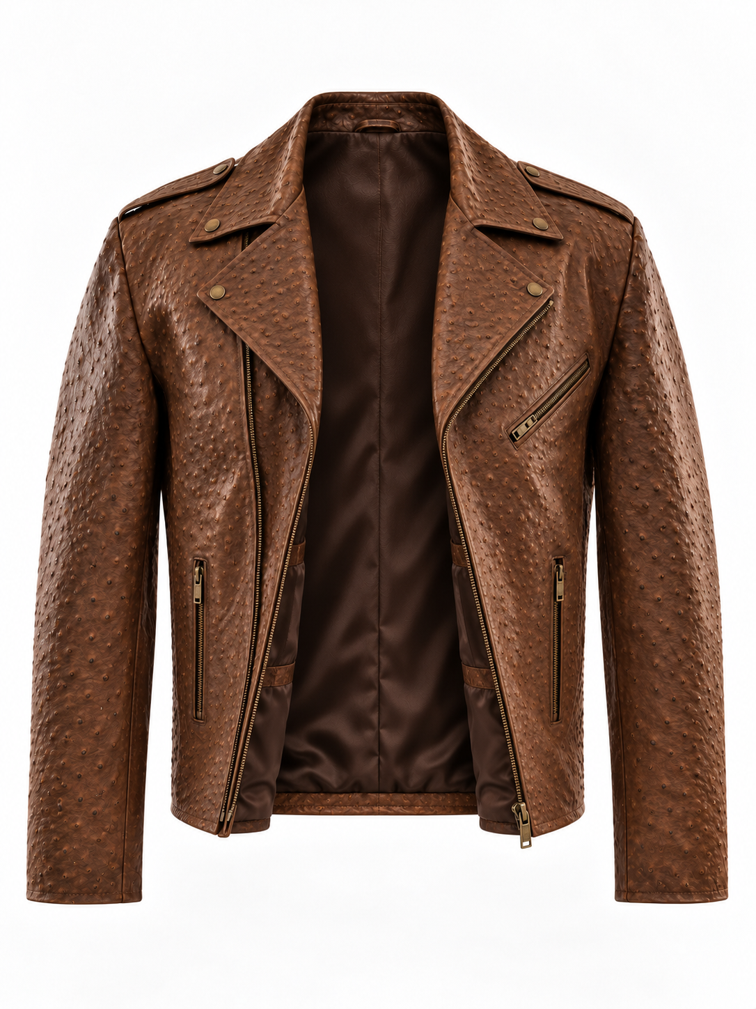 Men's Cognac Ostrich-Textured Leather Moto Jacket