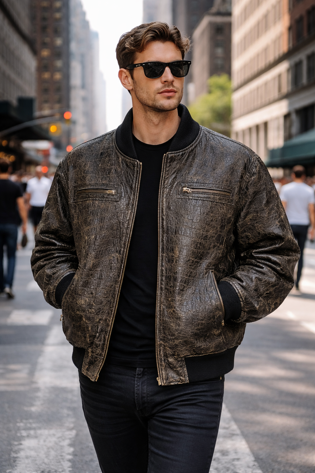 Men's Crocodile Embossed Leather Jacket – Distressed, Vintage Bomber Style