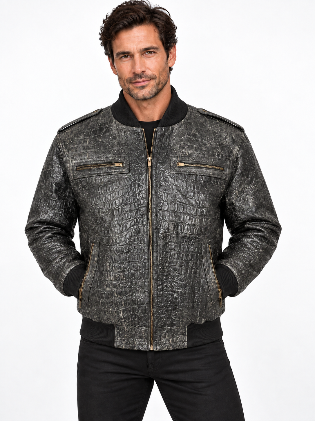 Men's Crocodile Embossed Leather Jacket – Distressed, Vintage Bomber Style