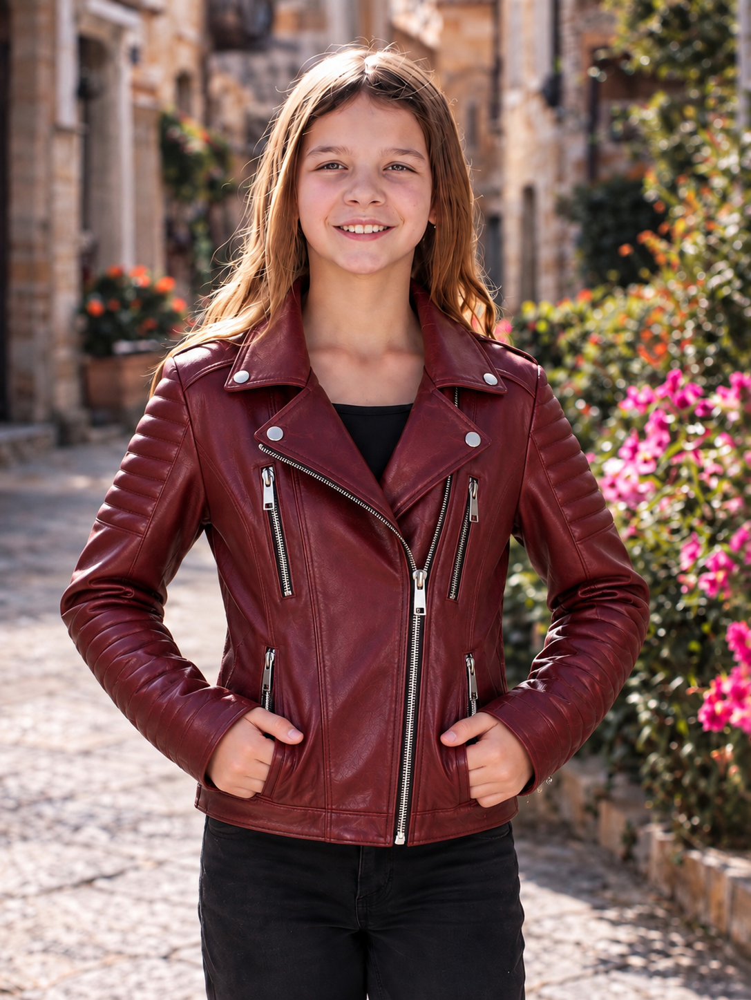 Burgundy Rebel — Girls’ Genuine Leather Moto Jacket