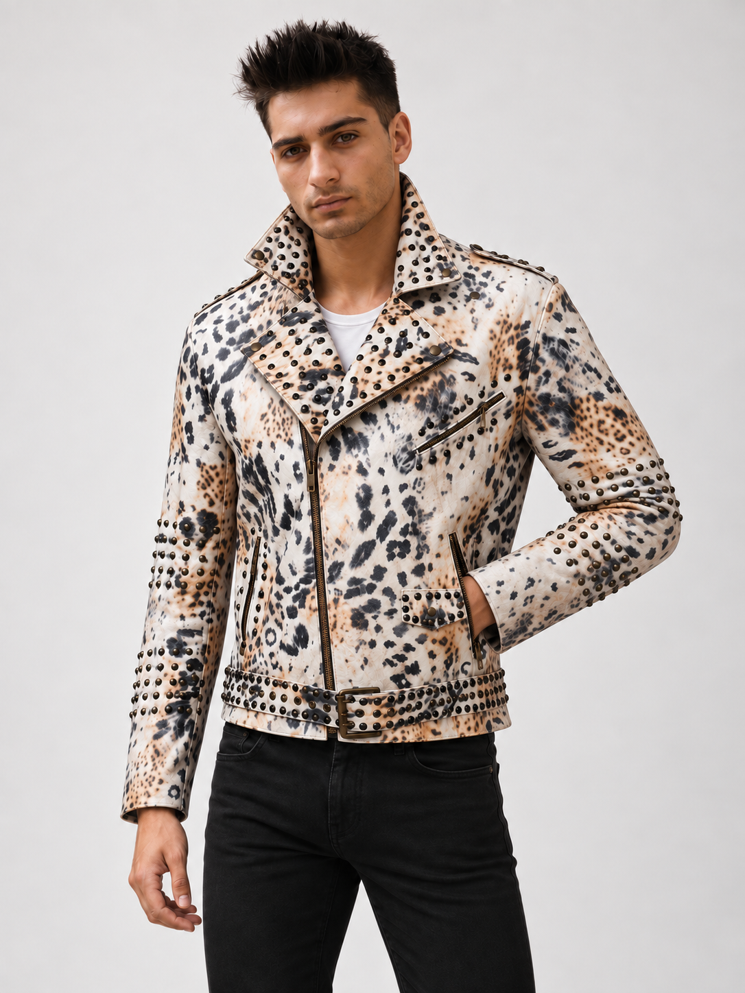 Men's Leopard-Pattern Leather Jacket with Stud Accents