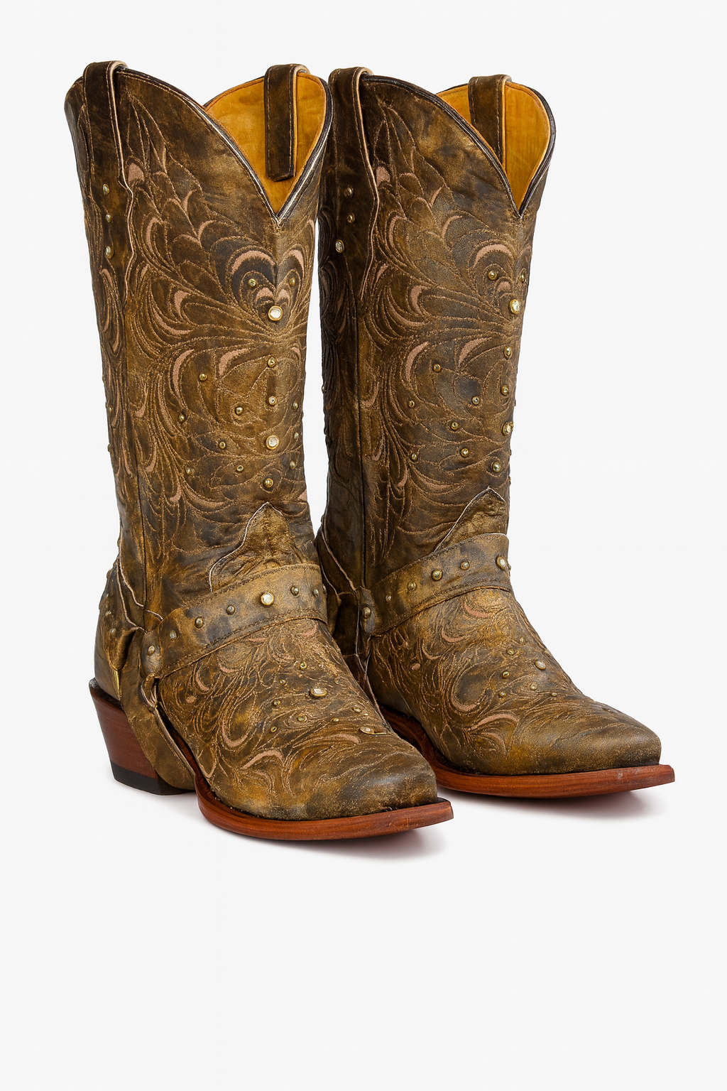 Distressed Western Leather Boots with Studs & Embroidery