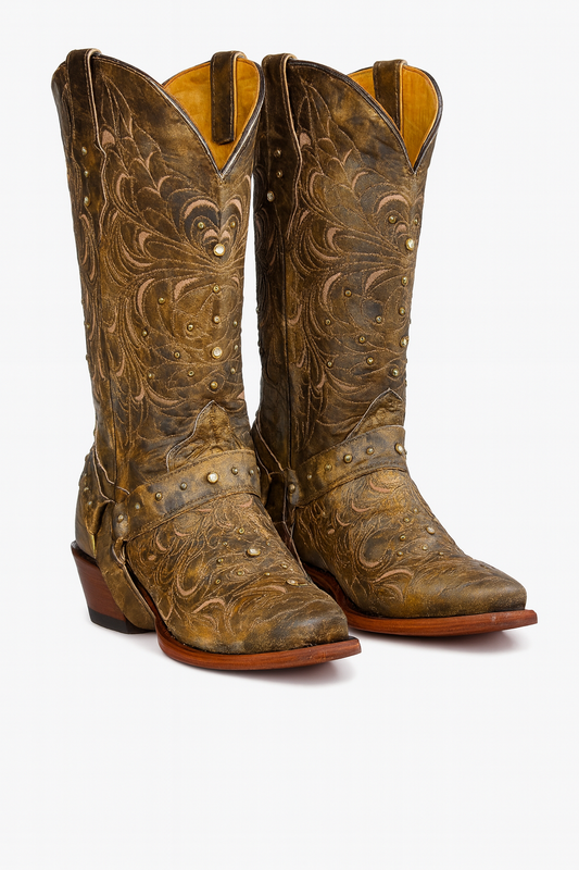 Distressed Western Leather Boots with Studs & Embroidery