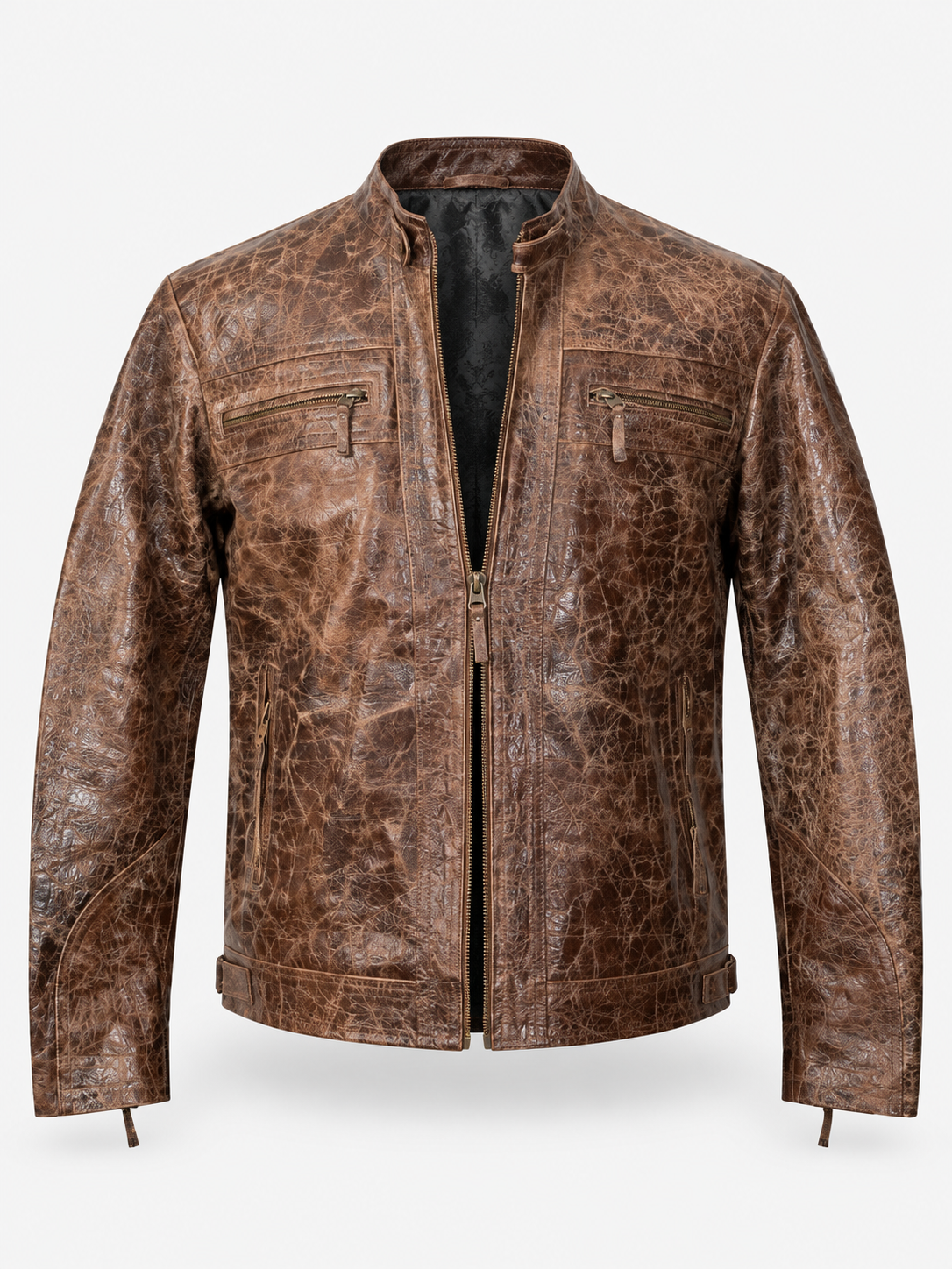 Men's Burnished Effect Leather Rider Jacket – Distressed Gloss Brown Finish