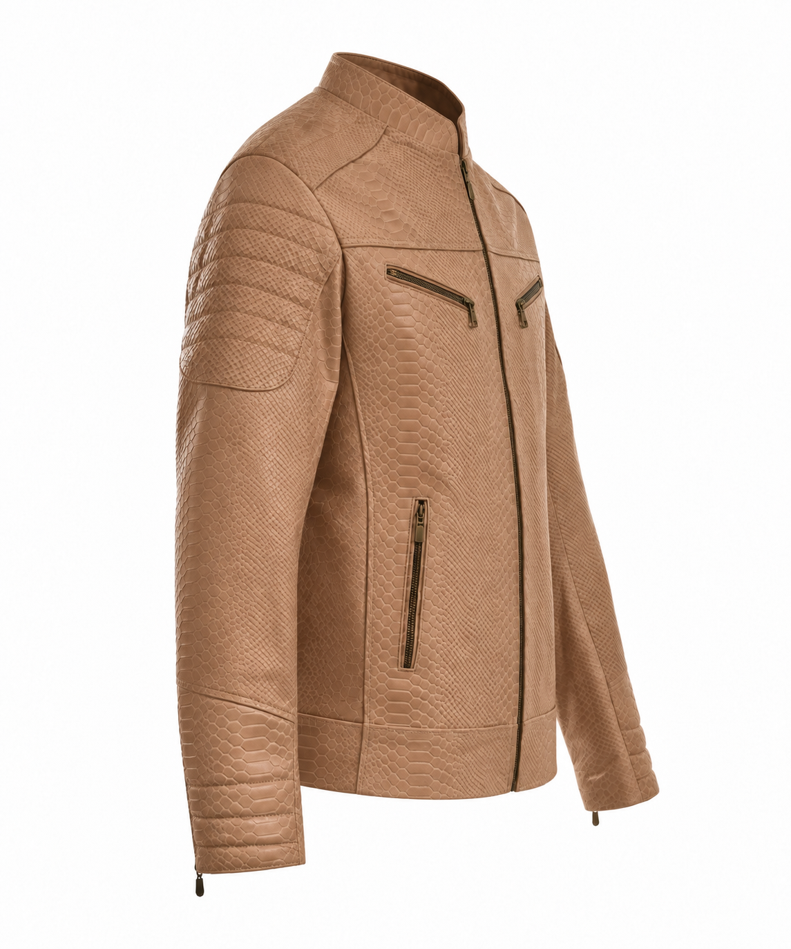 Men's Light Tan Reptile-Embossed Leather Moto Jacket