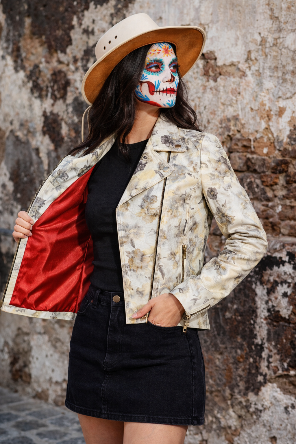 Women's Floral Leather Jacket – Artistic Print with Washed Finish