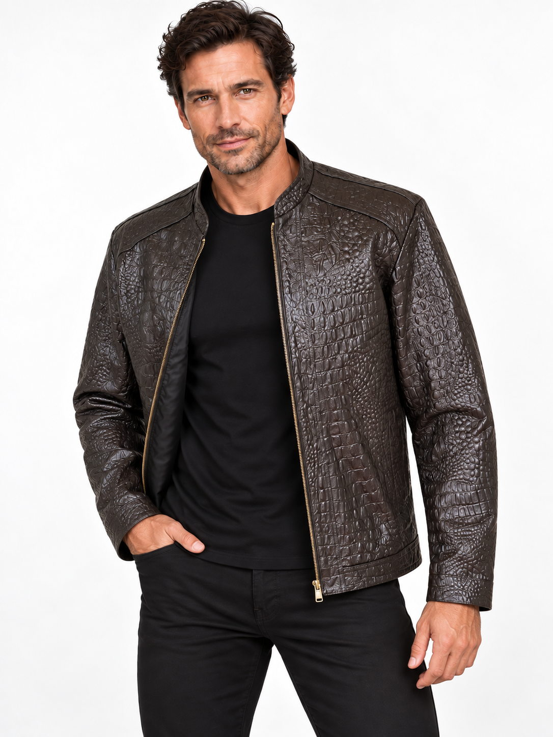 Men’s Crocodile Embossed Leather Jacket – Handcrafted Brown Rider