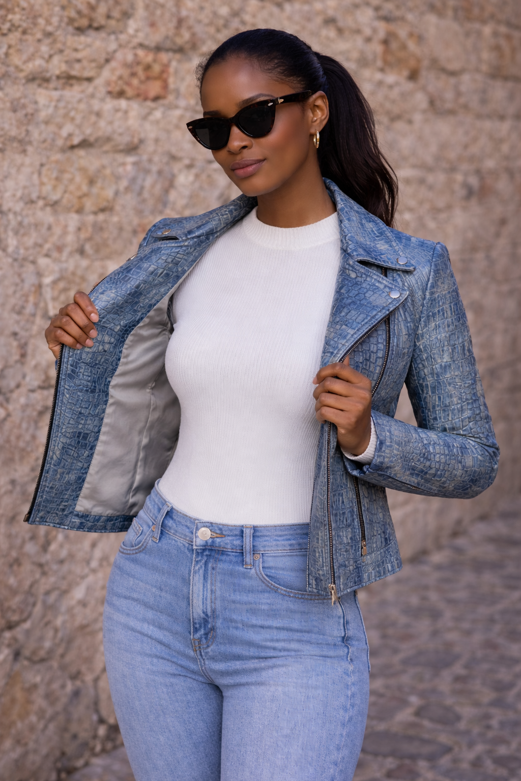 Women's Distressed Blue Biker Jacket – Pearl-Wash Crocodile Embossed Leather