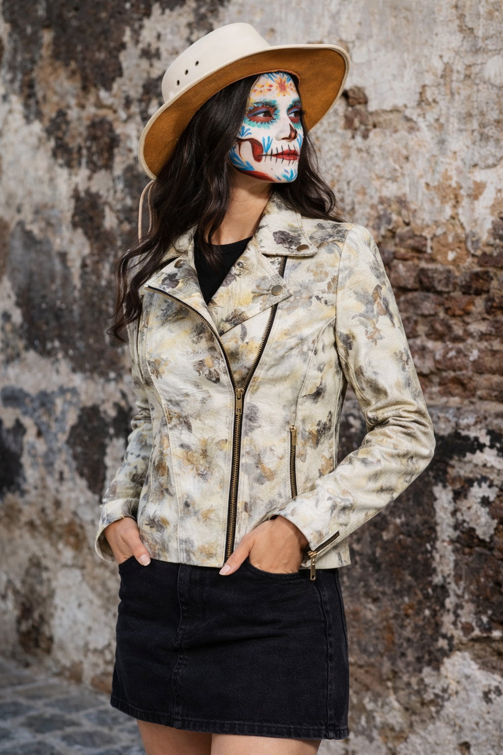 Women's Floral Leather Jacket – Artistic Print with Washed Finish