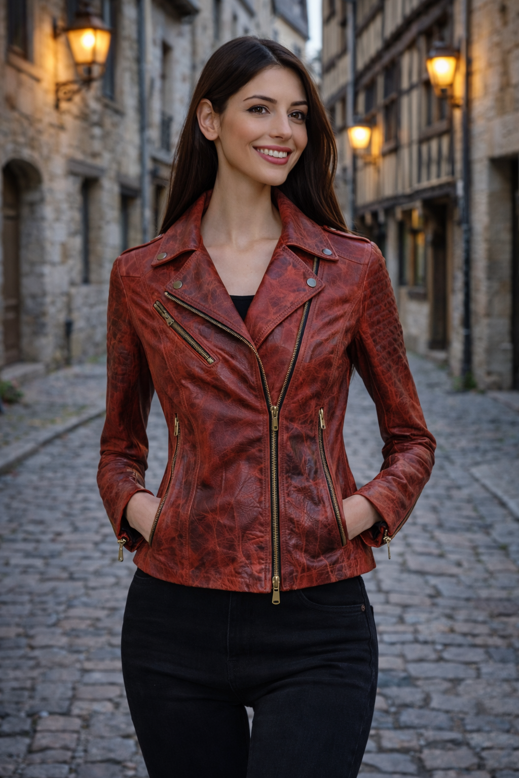 Women's Vintage Flame Leather Moto Jacket – Crimson & Rust Animal Embossed
