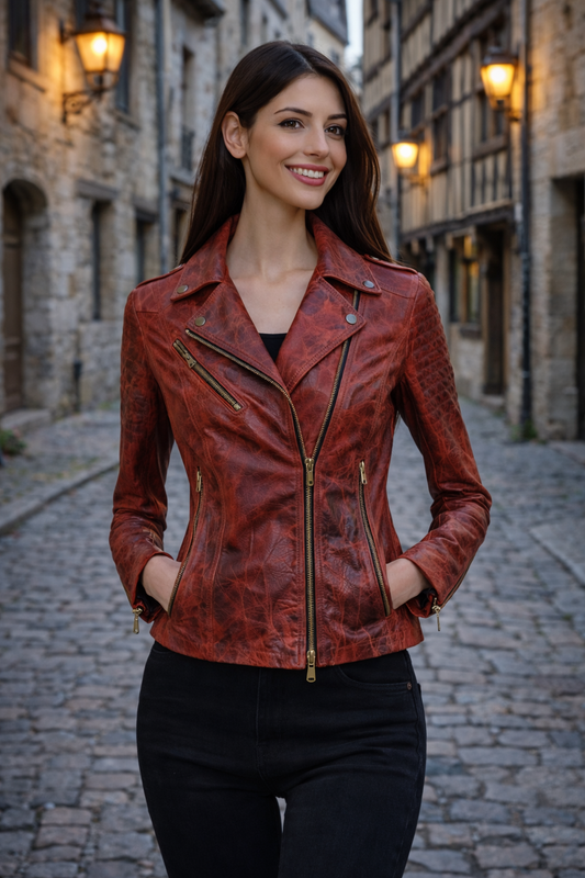 Women's Vintage Flame Leather Moto Jacket – Crimson & Rust Animal Embossed