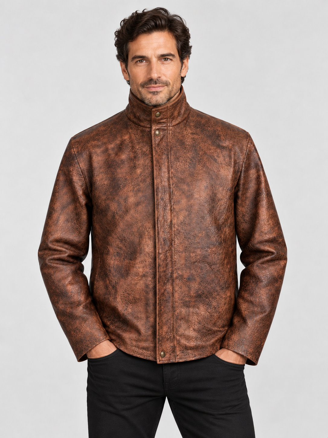 Men's Handcrafted Distressed Brown Leather Jacket — Hand-Finished Color & Texture