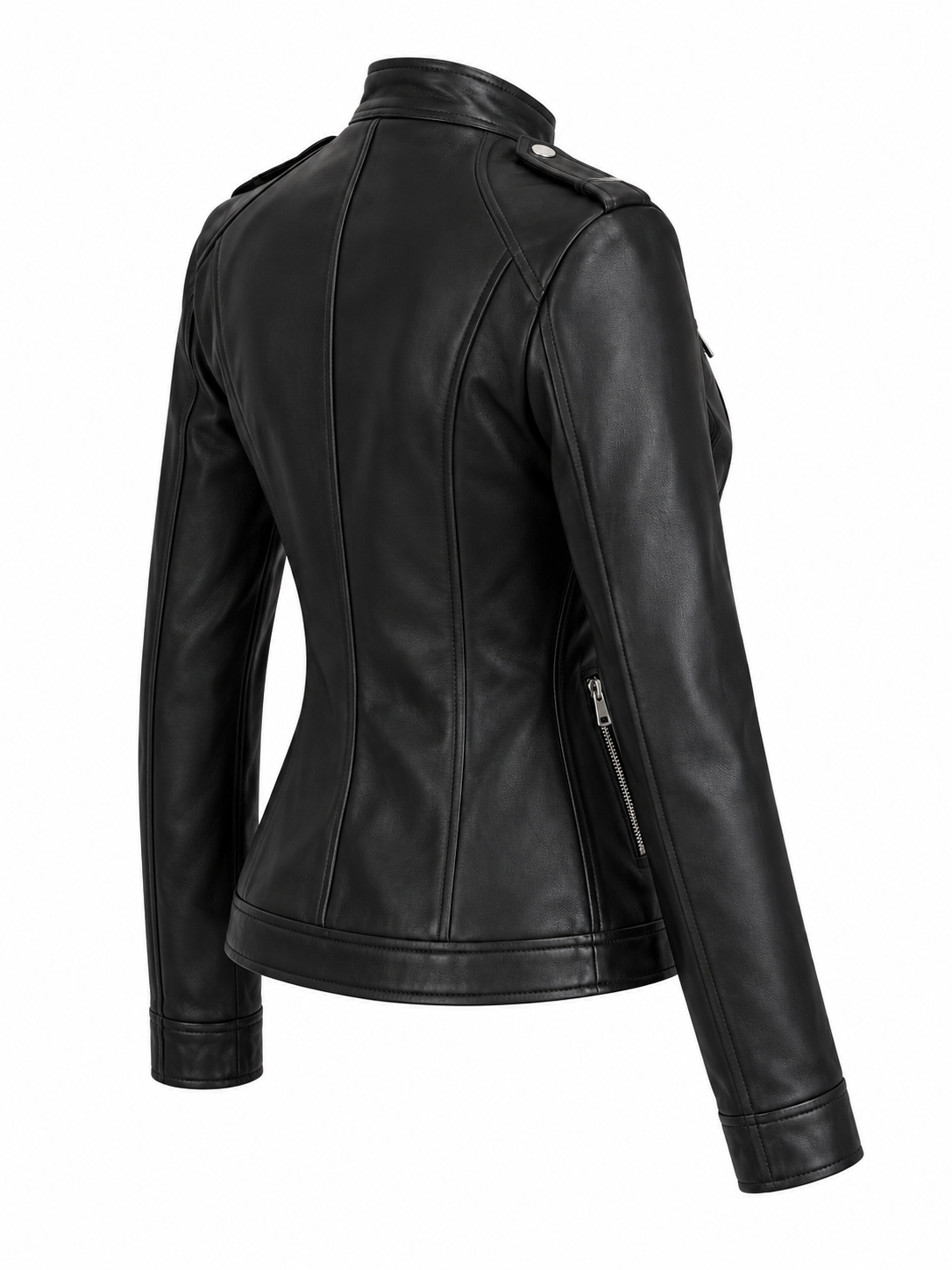 Women's black leather moto jacket— Biker Style with Silver