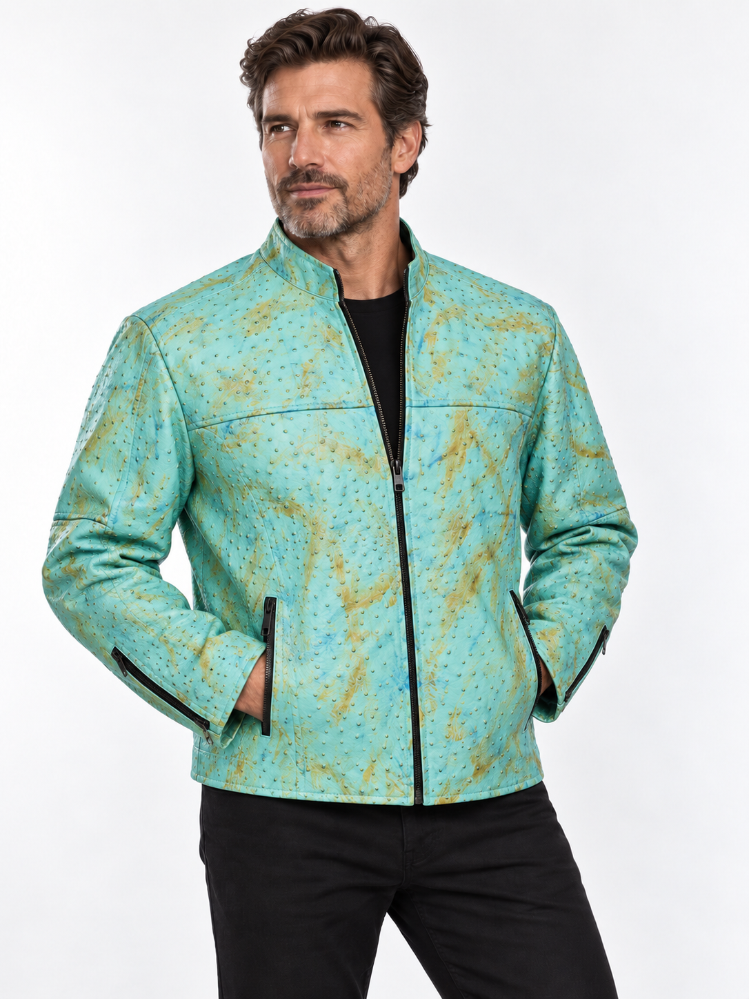 Men's Ostrich Leather Jacket – Bold Quill Texture - Aqua Sky