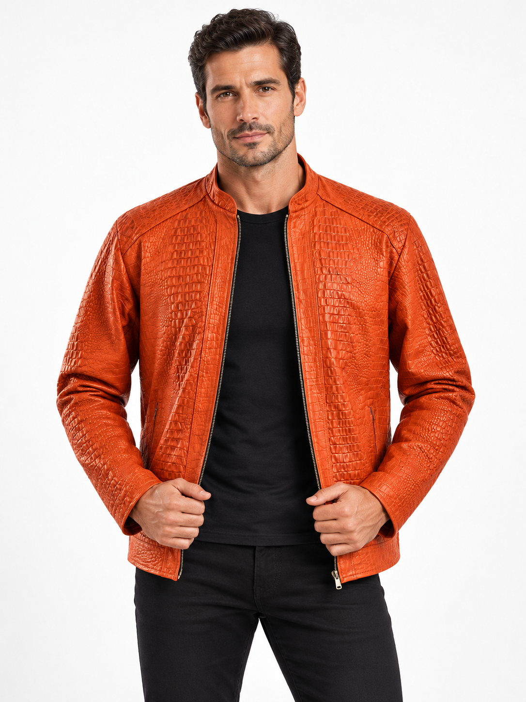 Men's Crocodile-Embossed Zip-Up Jacket in Sunset Orange