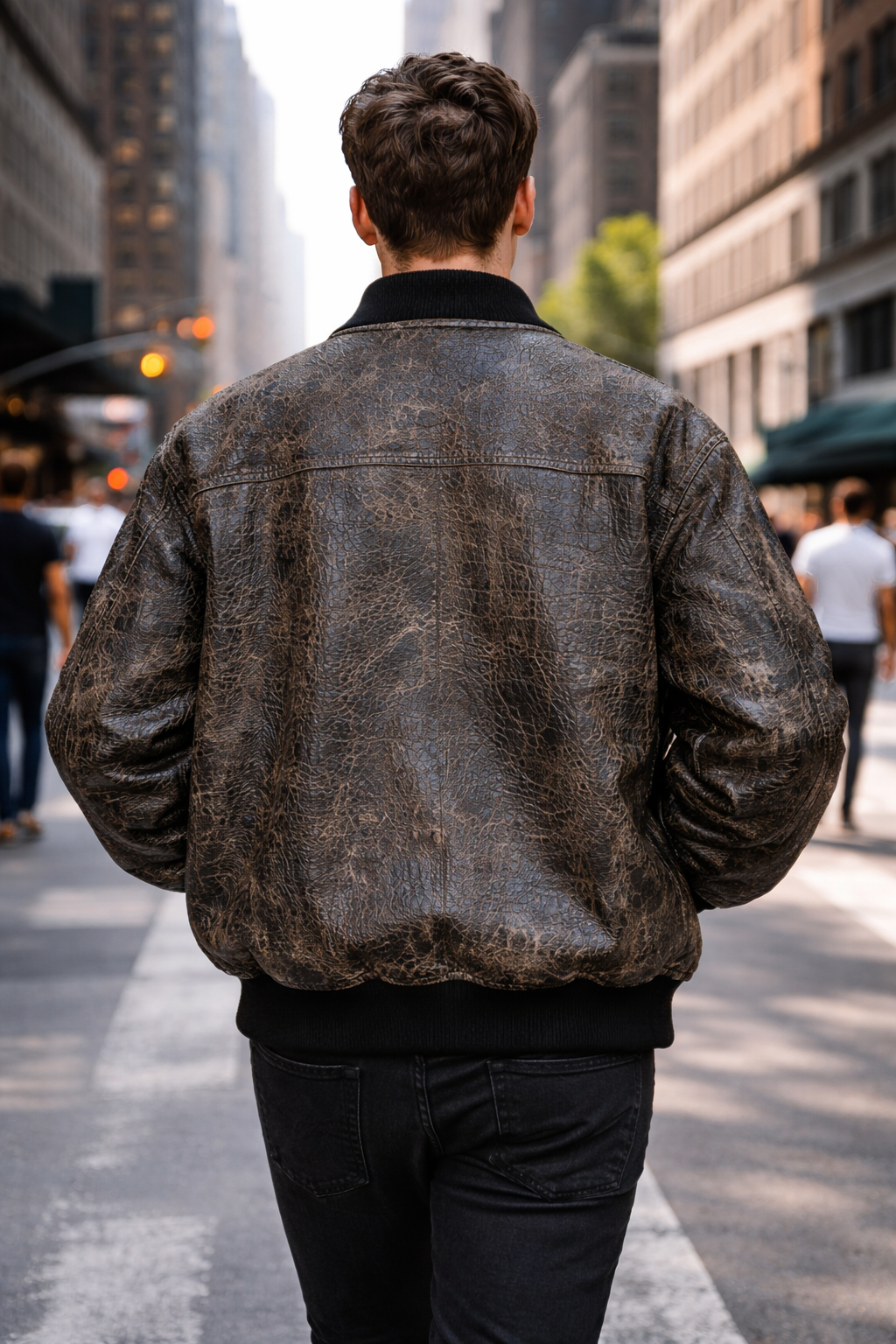 Men's Crocodile Embossed Leather Jacket – Distressed, Vintage Bomber Style