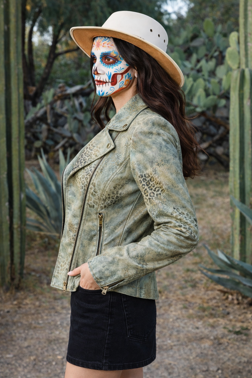 Women's Leather Biker Jacket – Subtle Leopard Pattern & Distressed Finish