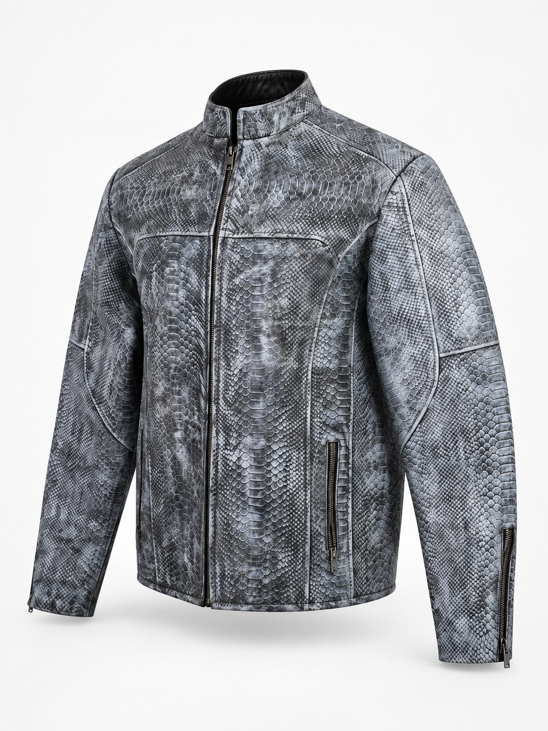 Men's Unique Wash Gray Snake-Embossed Leather Jacket – Artisan Hand-Colored