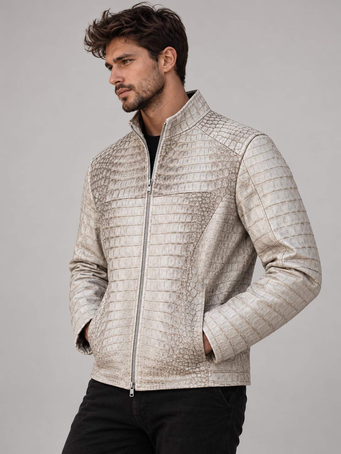 White Genuine Crocodile Leather Jacket – Men’s High-End Exotic Skin