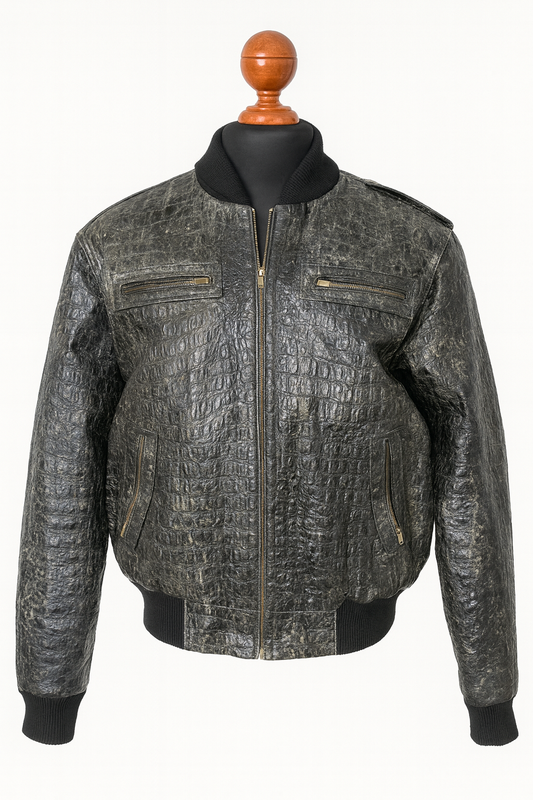 Crocodile Embossed Leather Jacket – Distressed Antique Finish, Vintage Bomber Style