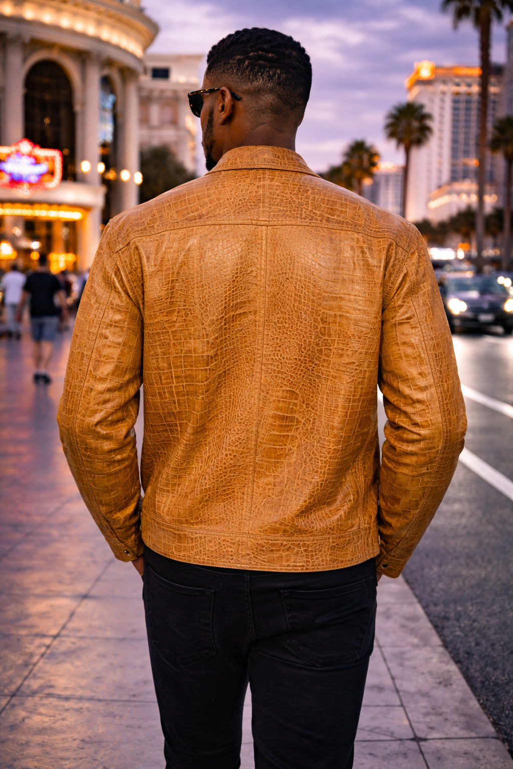 Sand Crocodile-Embossed Leather Jacket – Bold Texture, Refined Style