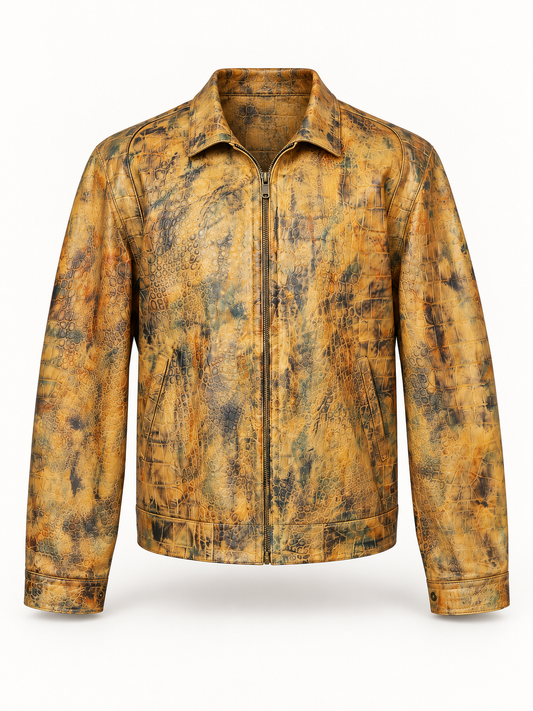 Men's Golden Reptile Leather Bomber Jacket