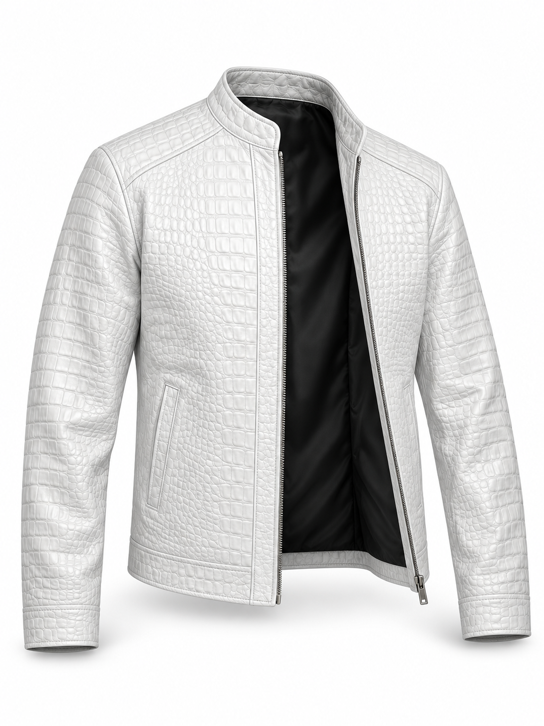 White Crocodile Embossed Leather Jacket