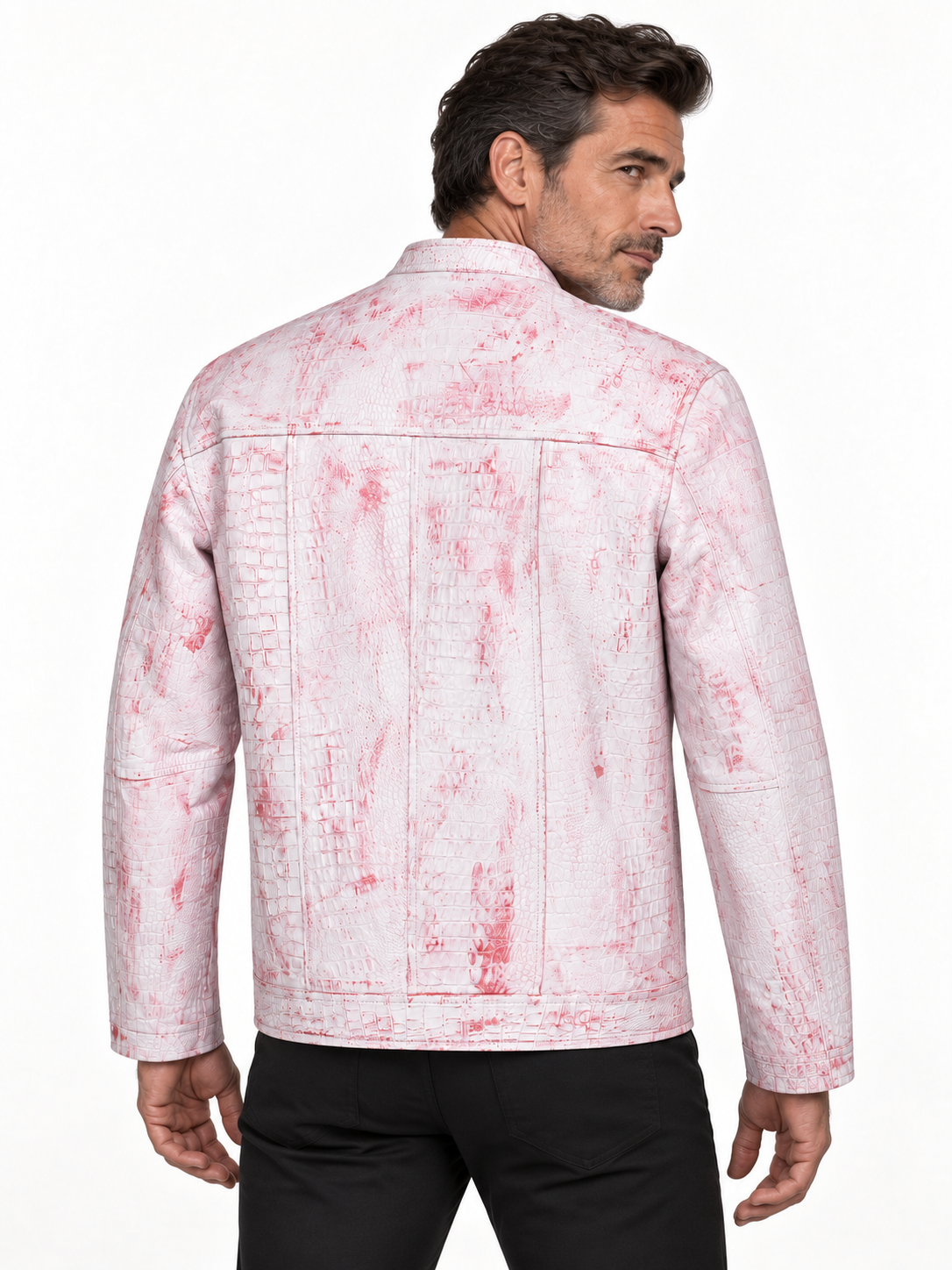 Men's Modern Artisan Crocodile-Embossed Leather Jacket – Blush White