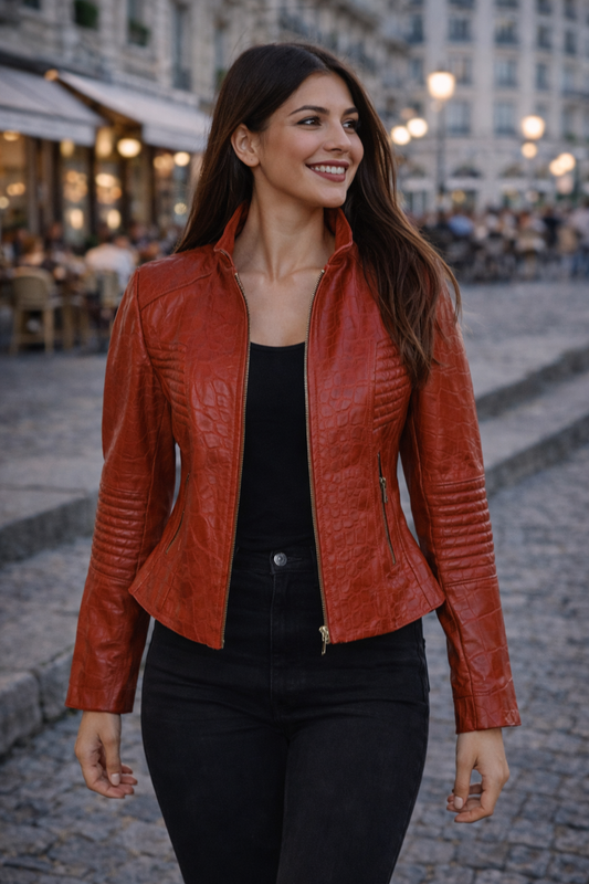 Women's Vintage Brick Croc Jacket – Earth-Toned Crocodile Embossed Leather