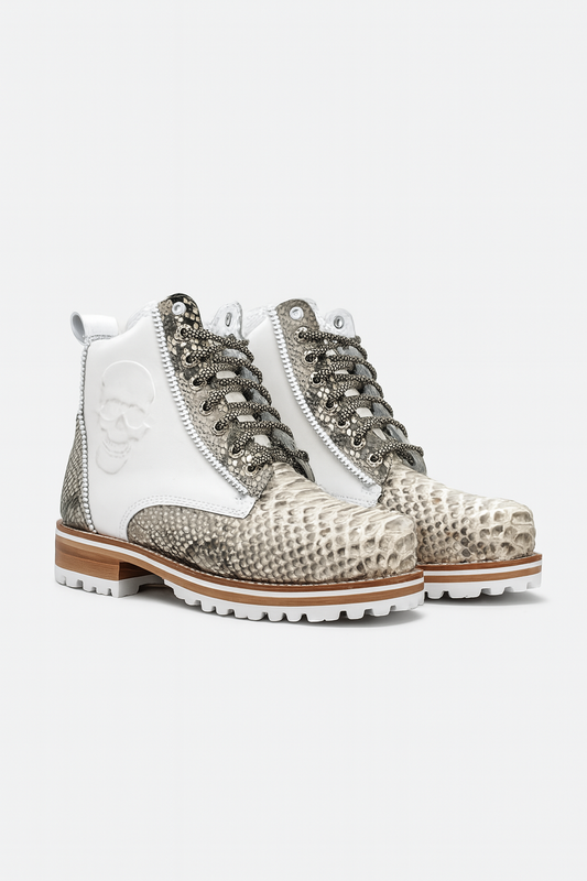 White Leather & Natural Python Boots