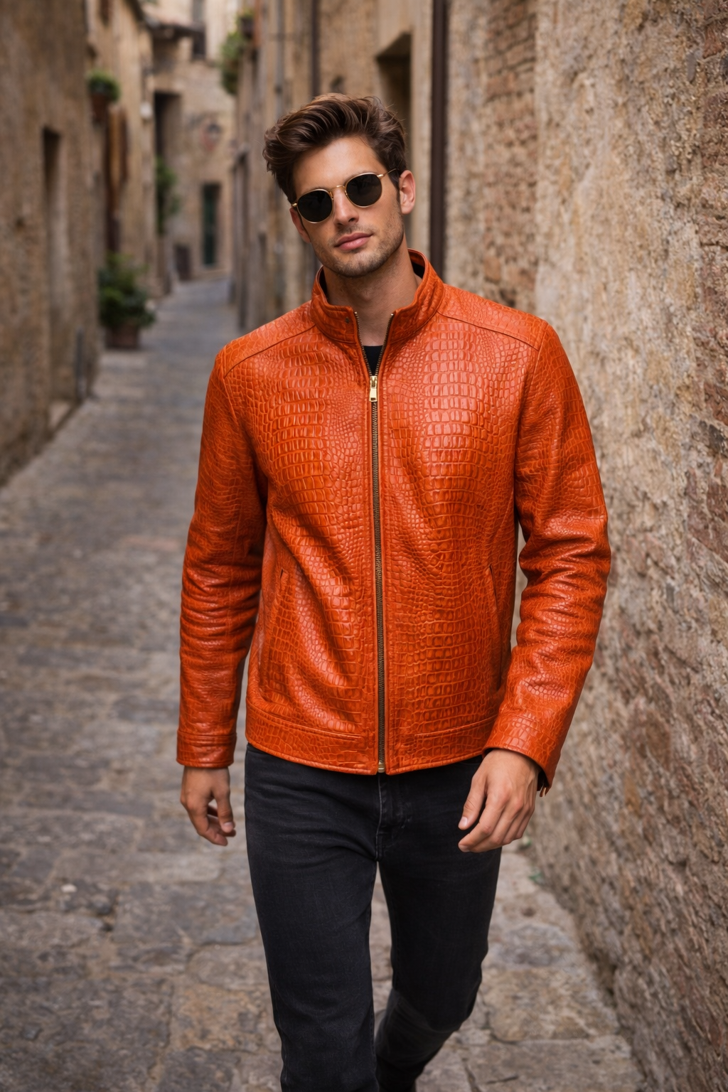 Men's Crocodile-Embossed Zip-Up Jacket in Sunset Orange