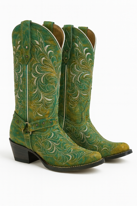 Green Handcrafted Leather Cowboy Boot – Artisan Western Footwear