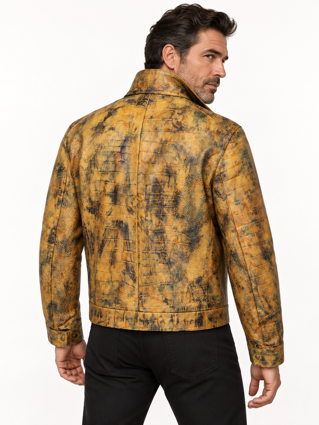Men's Golden Reptile Leather Bomber Jacket