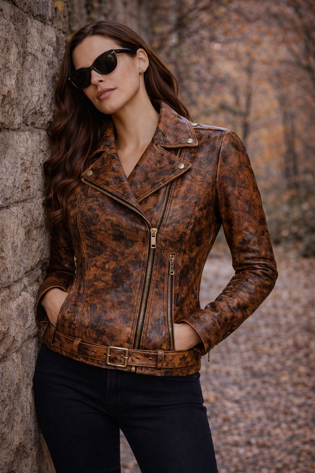 Women's Autumn Drizzle Floral Leather Jacket – Cropped Biker