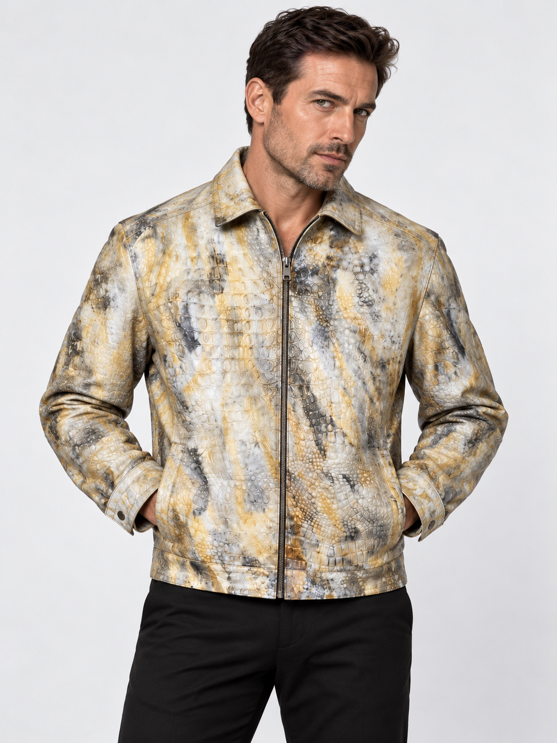Yellow Crocodile Embossed Leather Jacket for Men – Handcrafted