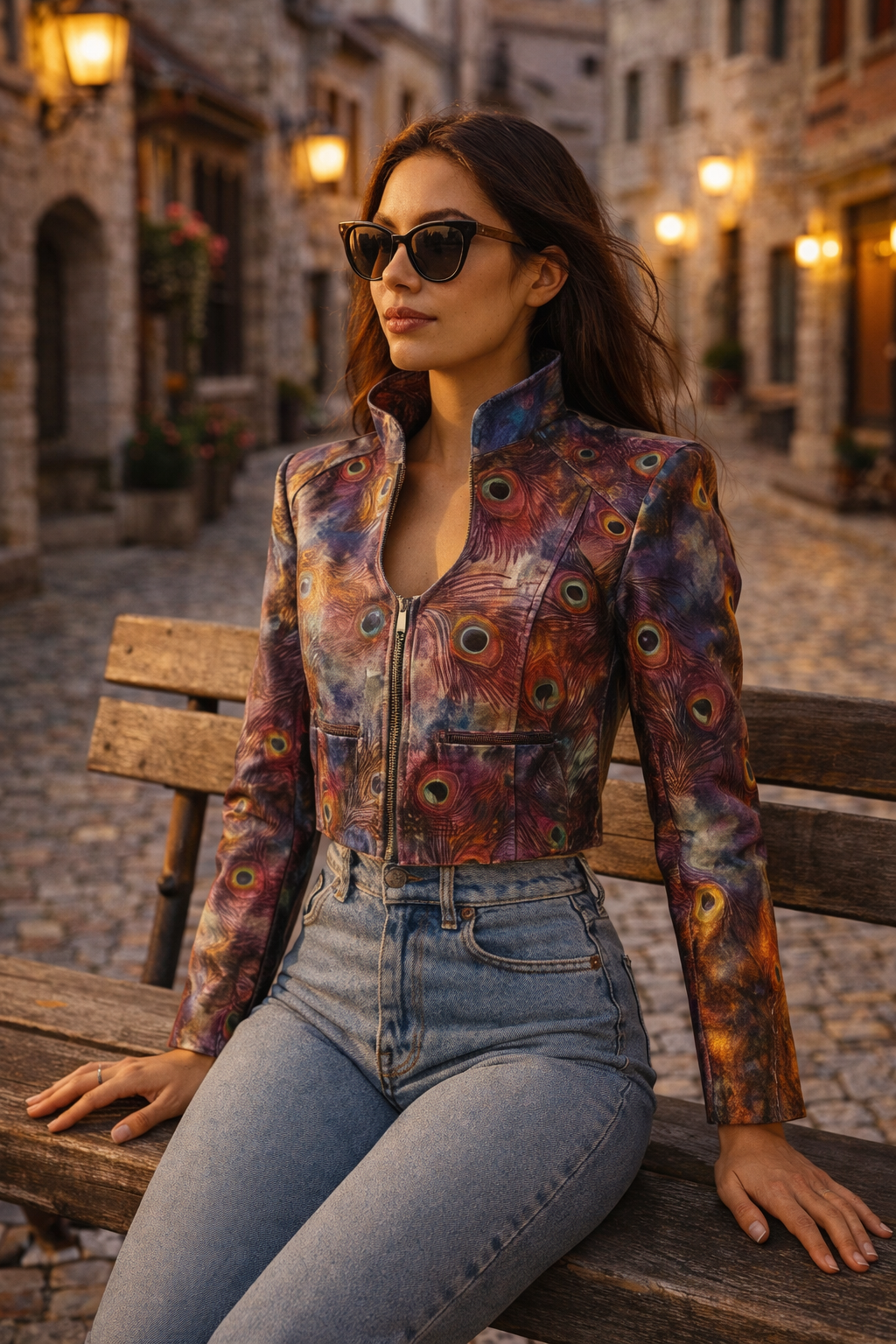 Women's Vivid Peacock Feather Leather Blazer – Cropped Exotic Statement Jacket