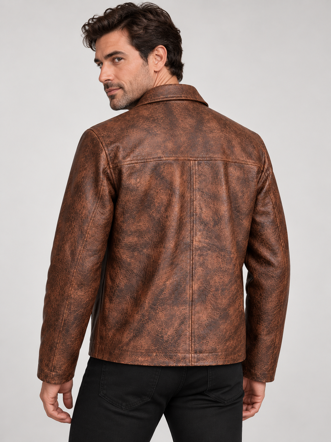 Men's Handcrafted Distressed Brown Leather Jacket — Hand-Finished Color & Texture