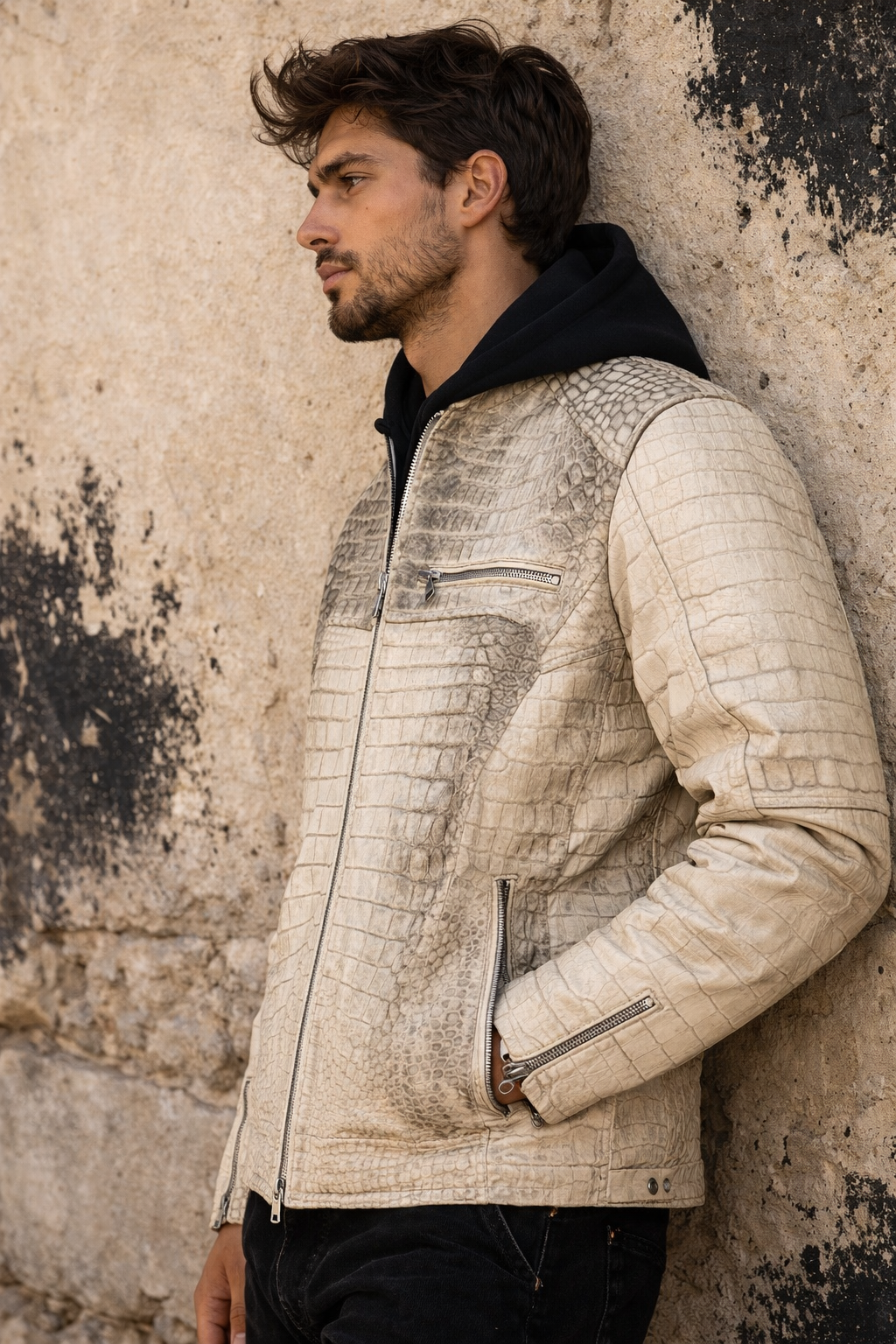 White Genuine Crocodile Leather Jacket Men side view — Chicago IL