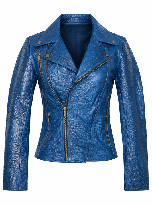 Women's Blue Croc-Embossed Leather Jacket – Bold Statement Outerwear
