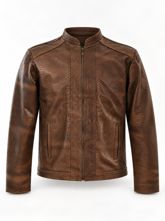 Men's Classic Brown Python-Textured Leather Jacket – Exotic Embossing