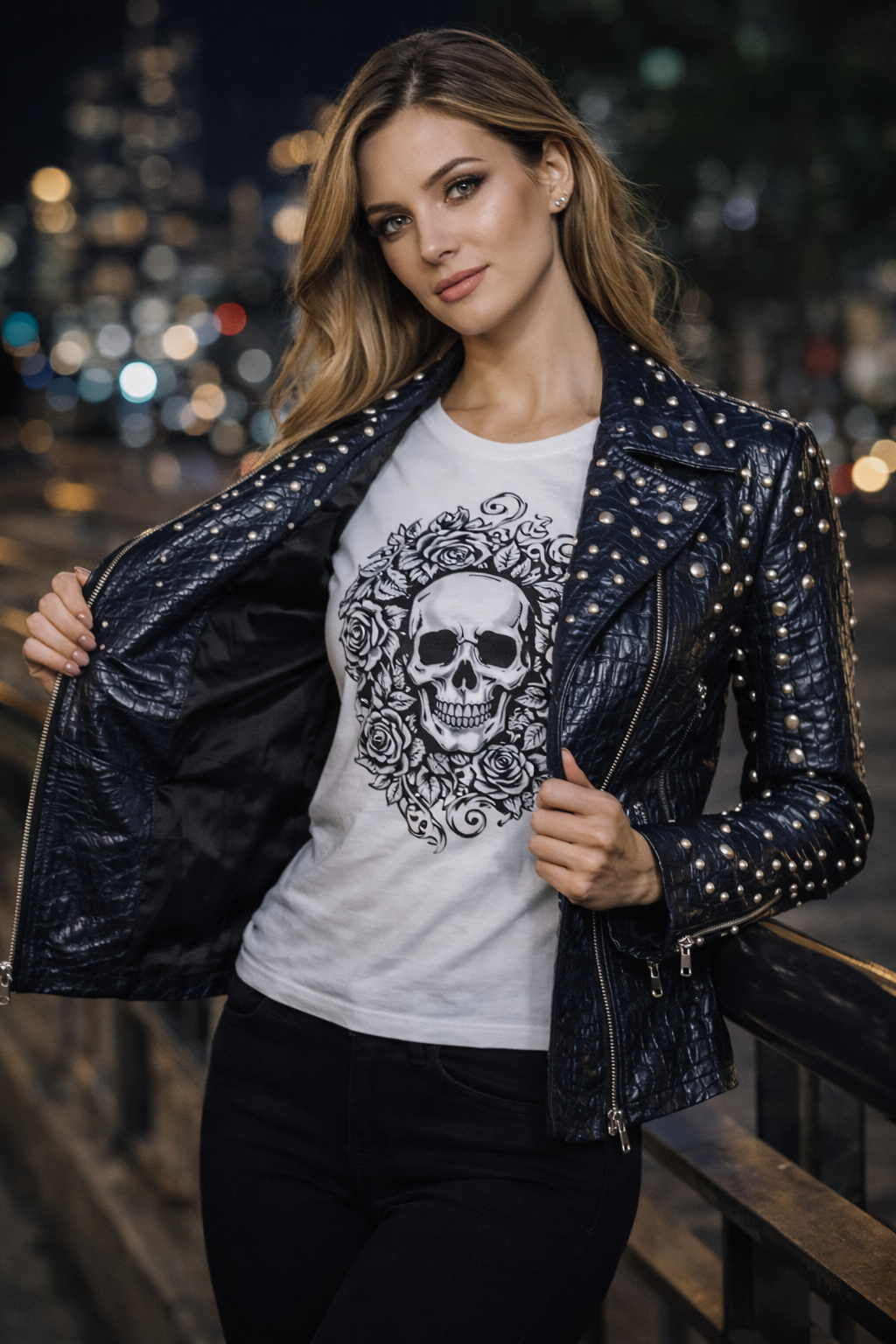 Women's Rockstar Black Studded Crocodile Jacket – Bold Moto Glam Statement
