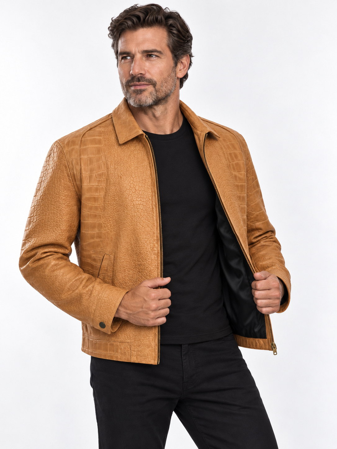 Sand Crocodile-Embossed Leather Jacket – Bold Texture, Refined Style