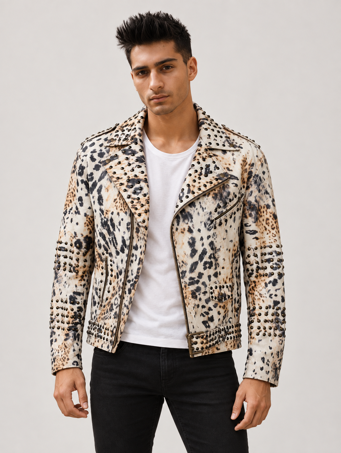 Men's Leopard-Pattern Leather Jacket with Stud Accents