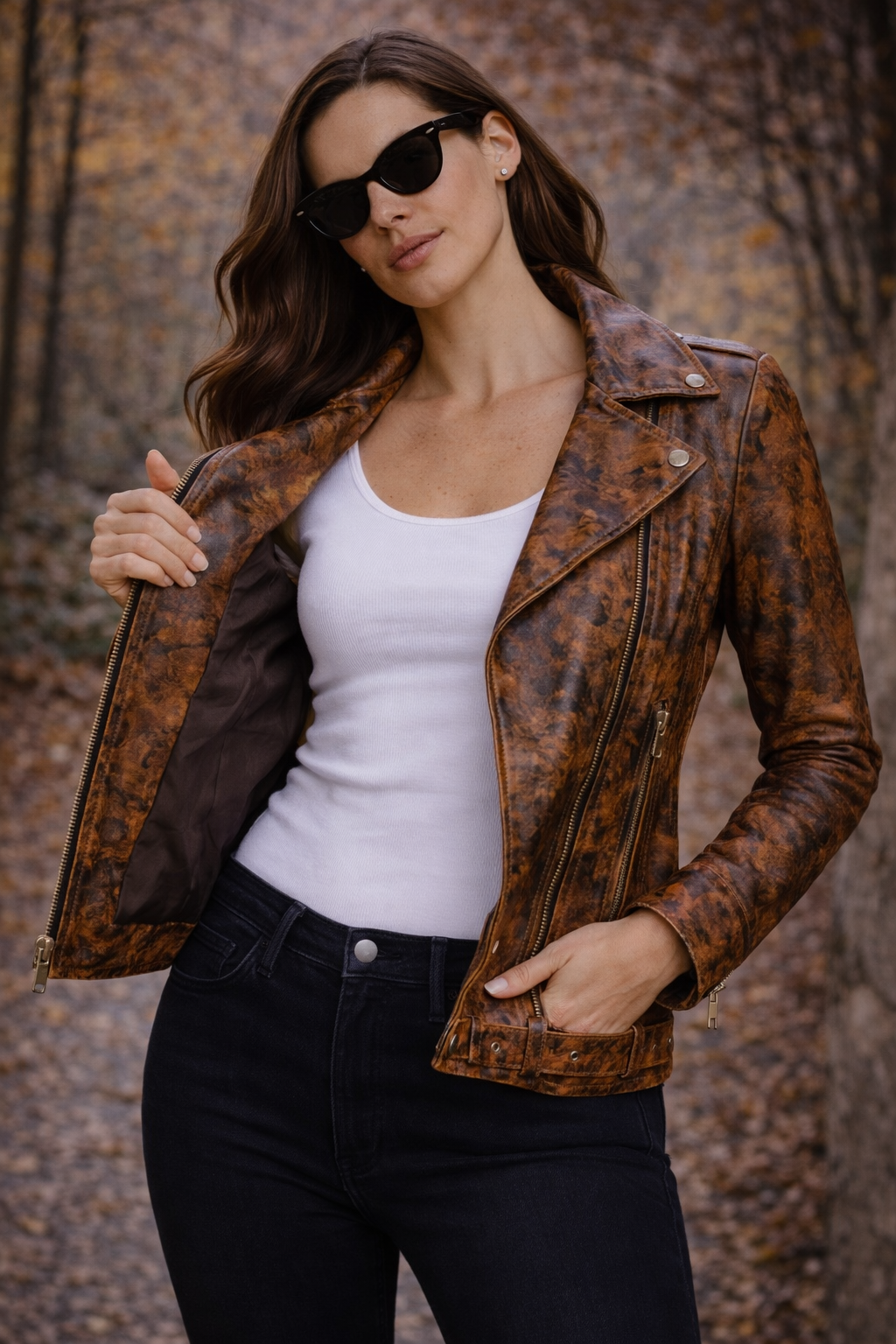 Women's Autumn Drizzle Floral Leather Jacket – Cropped Biker
